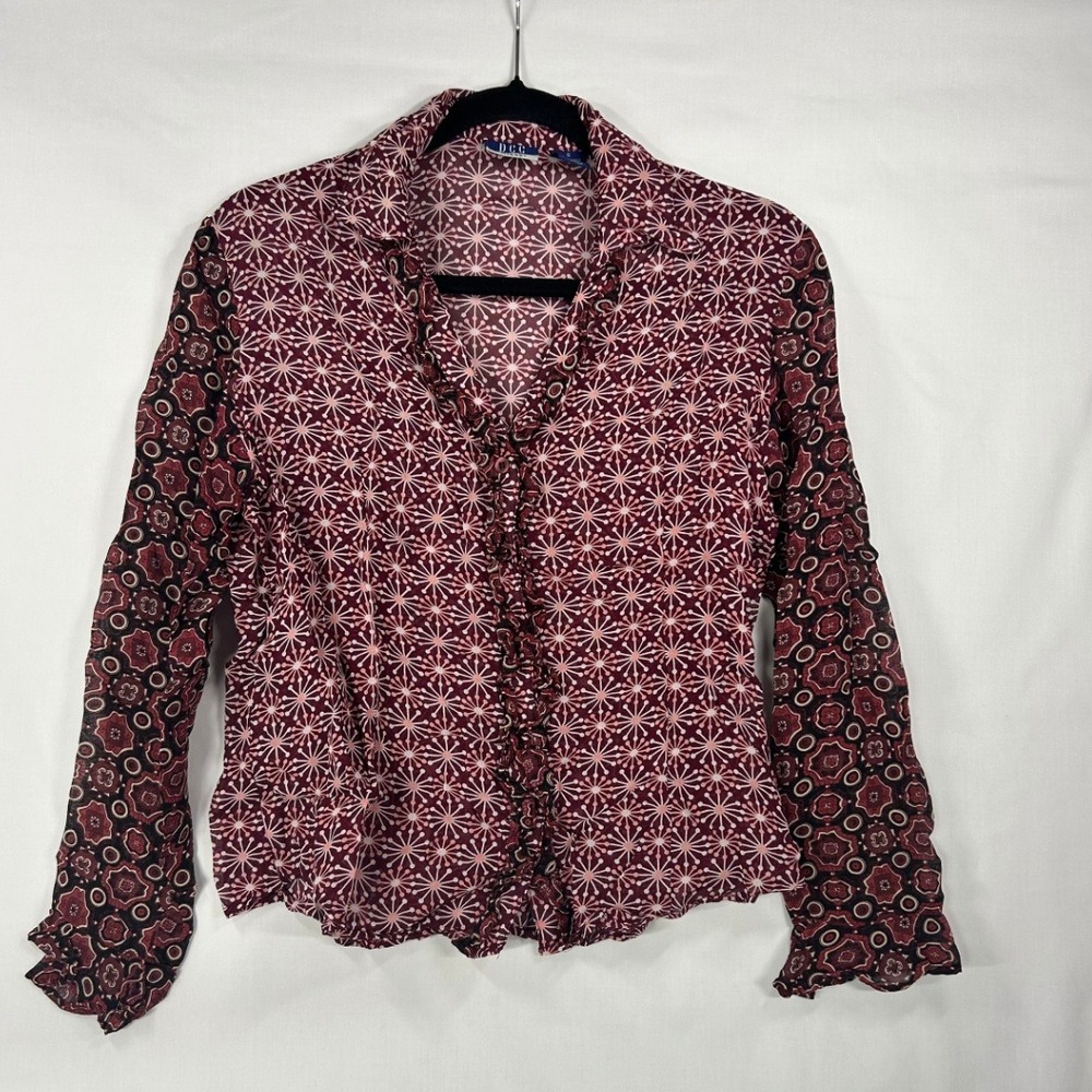DCC Missy Burgundy Starburst & Paisley Ruffle Blouse Y2K Boho Long-Sleeve Top S